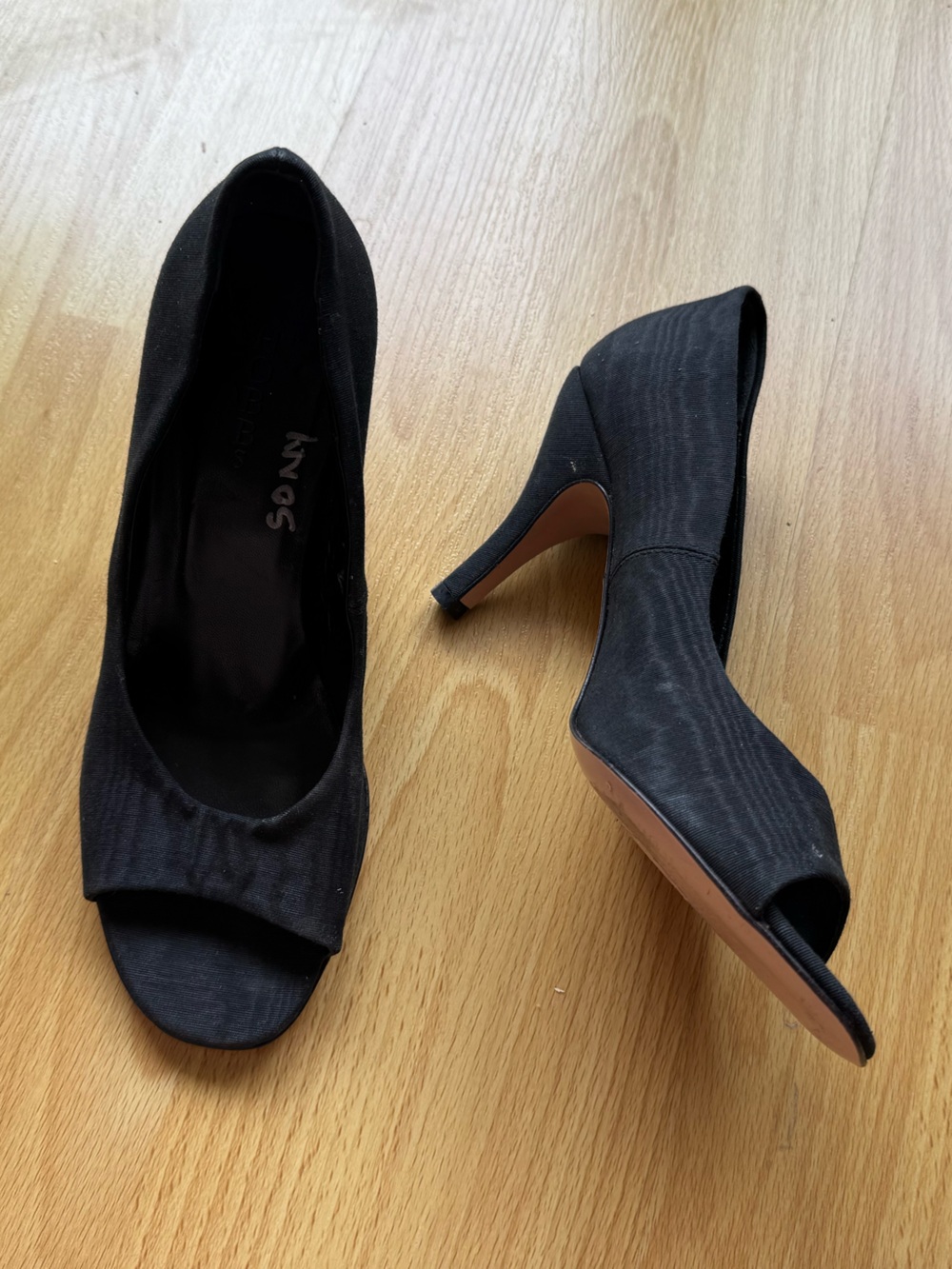 Vintage 1990s black fabric peep toe heels